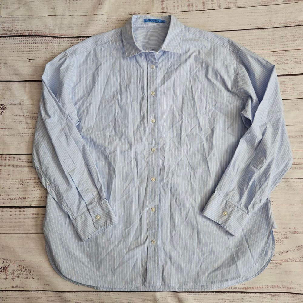 J. McLaughlin Blue White Pinstripe Collared Button Up Cotton Business Preppy